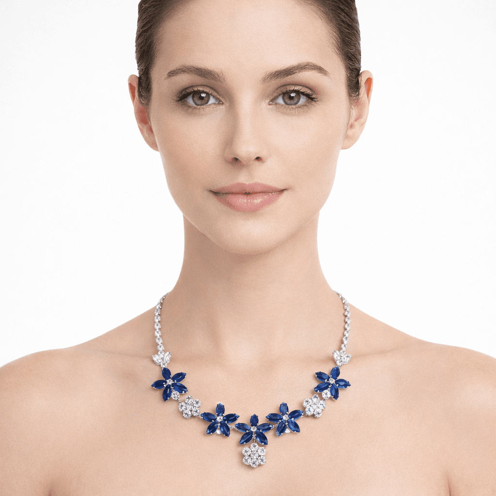 Royal Blue Floral Crystal Necklace – Silver Tone Statement Party Wear